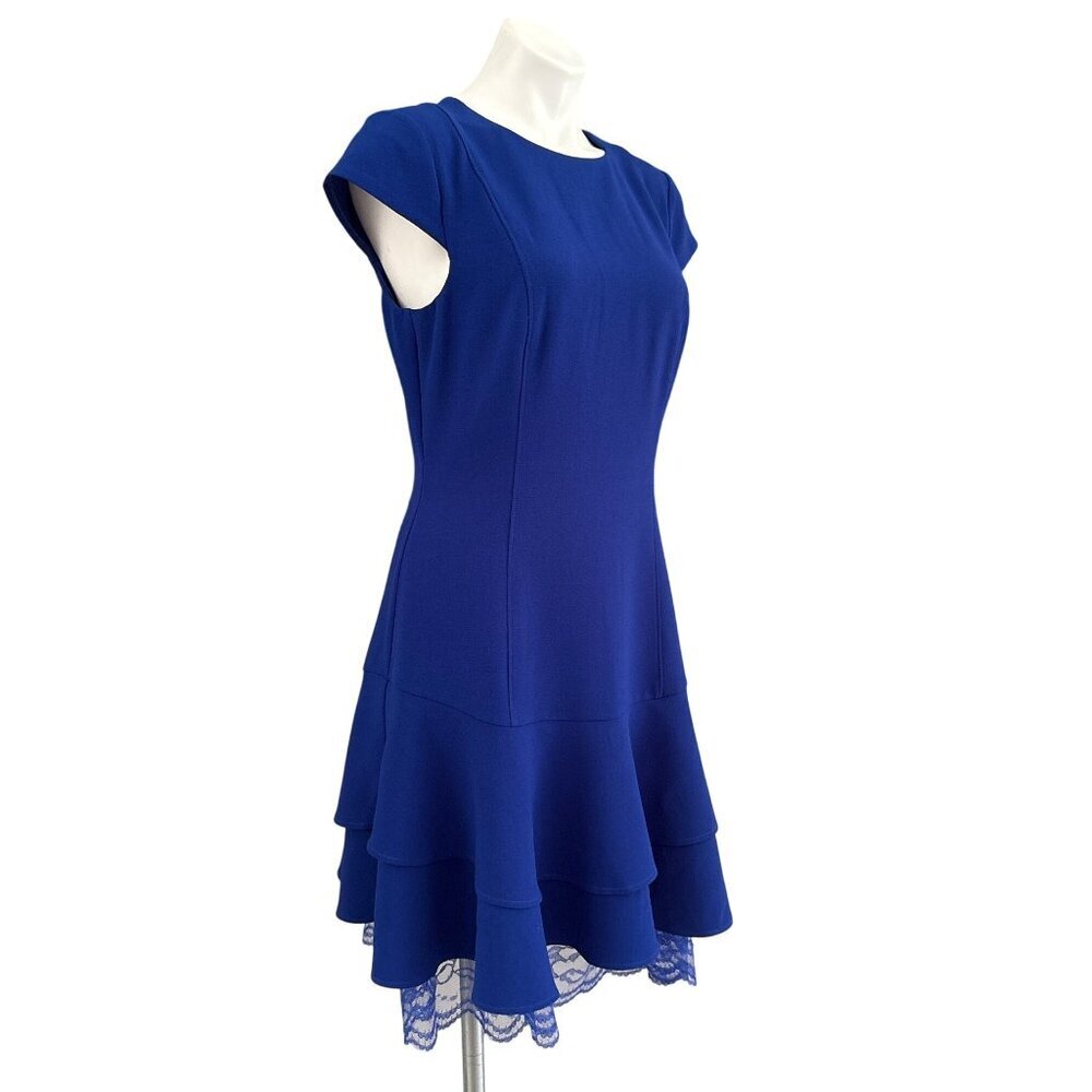 Eliza J NWT $138 Crepe Ruffle Lace Hem Sheath Dress, Blue Women's Size 10 - Picture 3 of 9